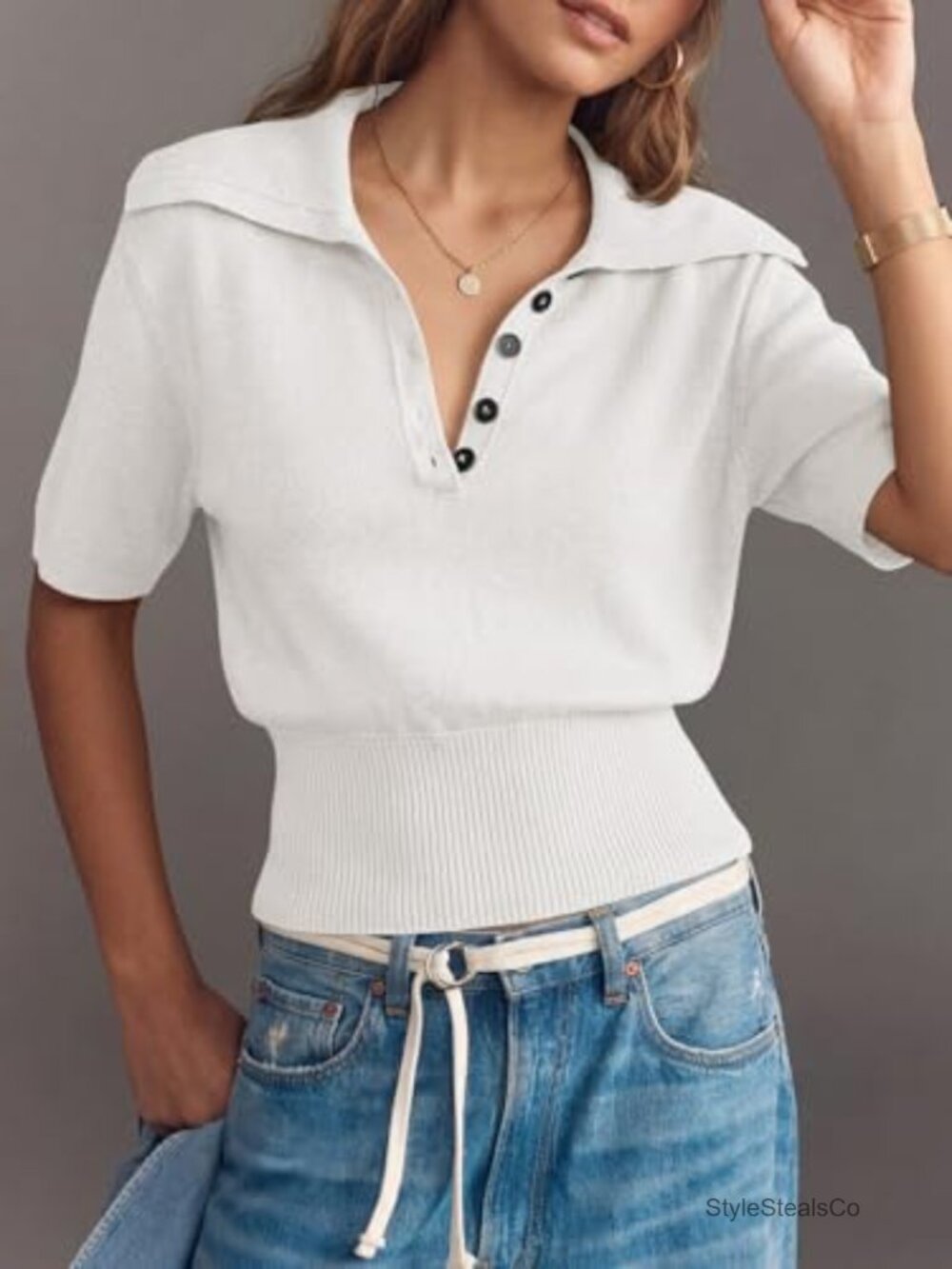 Polo Sweater Top Short Sleeve V-Neck Collared Ribbed Hem Women's - Picture 2 of 6